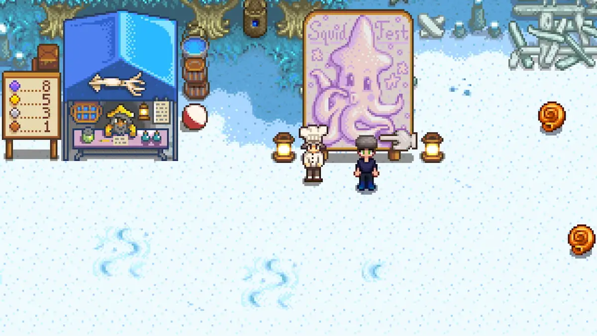 Standing in front of the SquidFest sign on the beach in Stardew Valley
