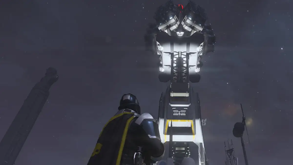 Looking up at Termicide Tower in Helldivers 2