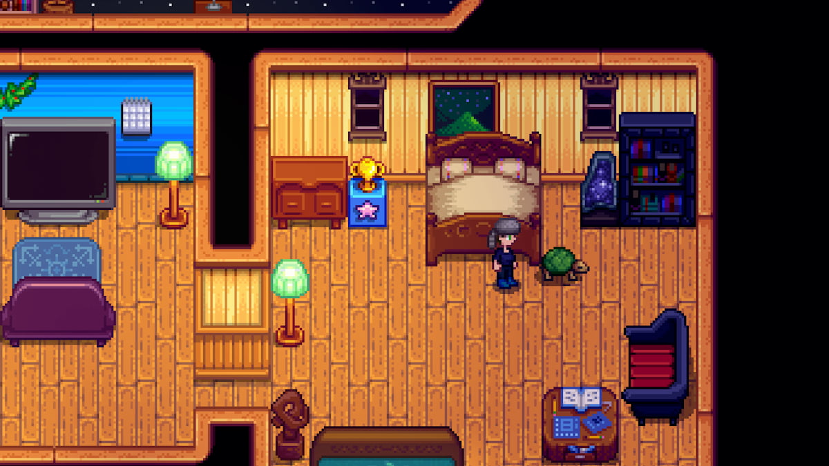 A character inside a room in Stardew Valley stands in front of a turtle.