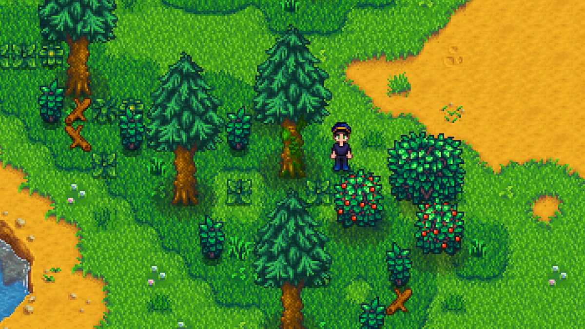 Finding moss on the side of an old tree in Stardew Valley.