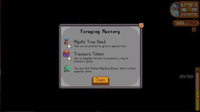Foraging Mastery screen in Stardew Valley.
