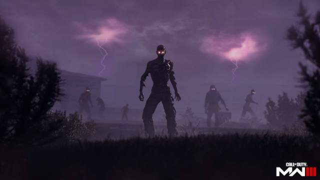 Zombie outlines standing in front of purple, menacing cloud.