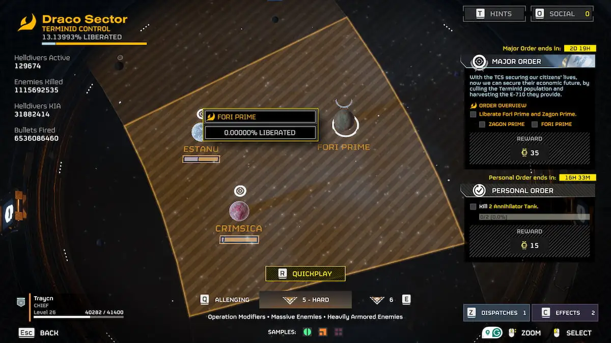 A space map in Helldivers 2 showcasing Fori Prime.