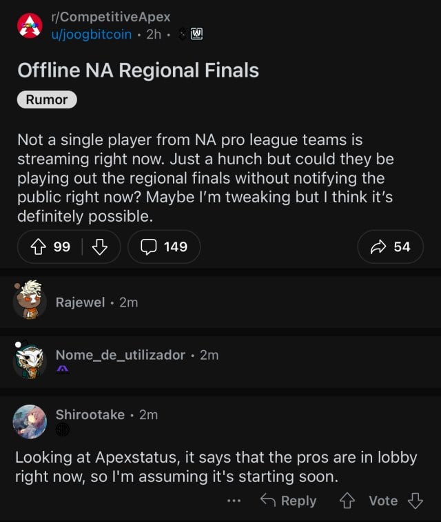 Screenshot of a Reddit post where users are speculating as to whether EA is holding the North American Regional Finals behind closed doors. One user identifies that not a single player from the NA pro league was streaming at the time, and another confirmed they were listed as in a private lobby on Apex Legends Status.