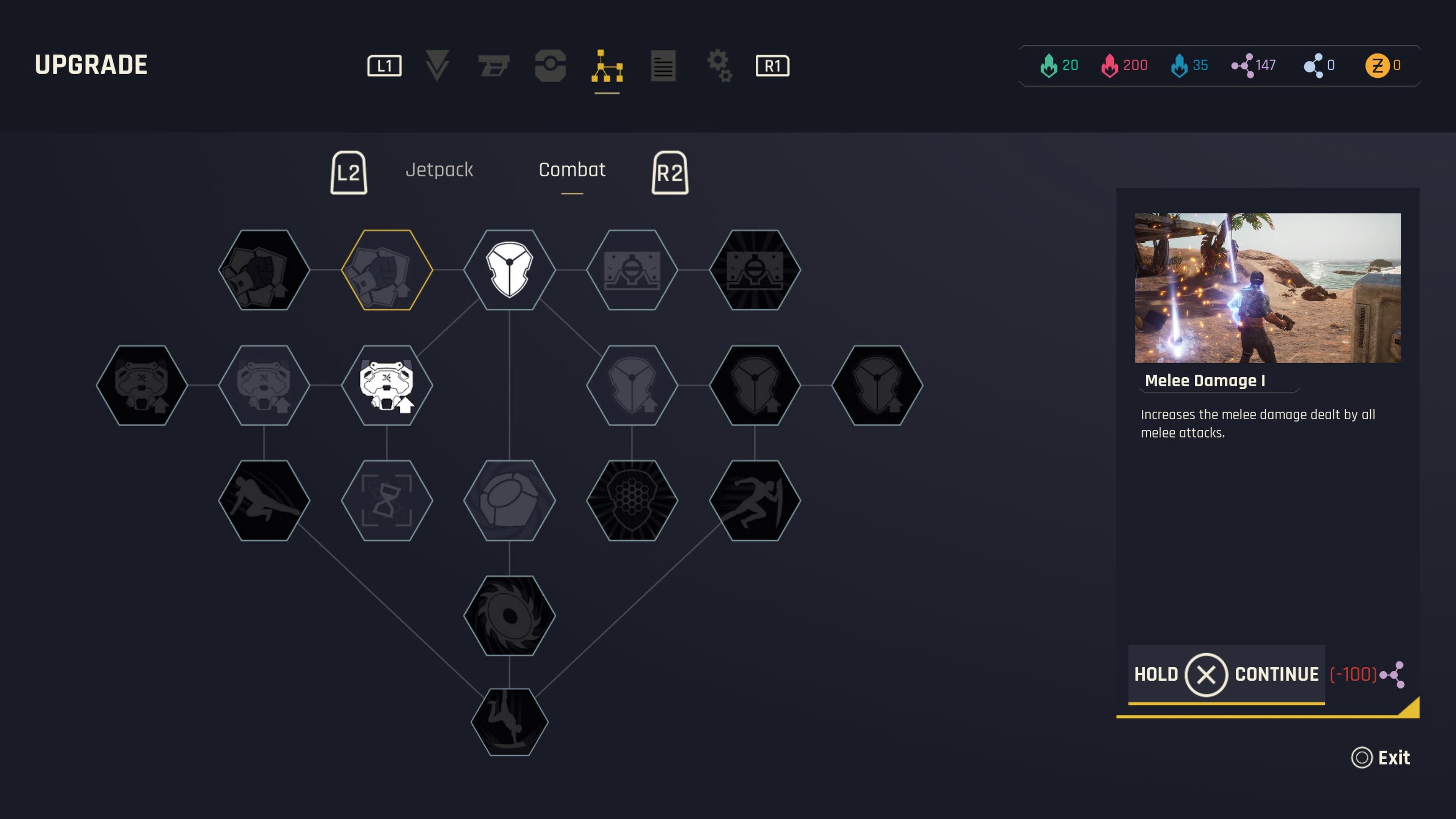 An in game screenshot of the Upgrades tab from Outcast: A New Beginning