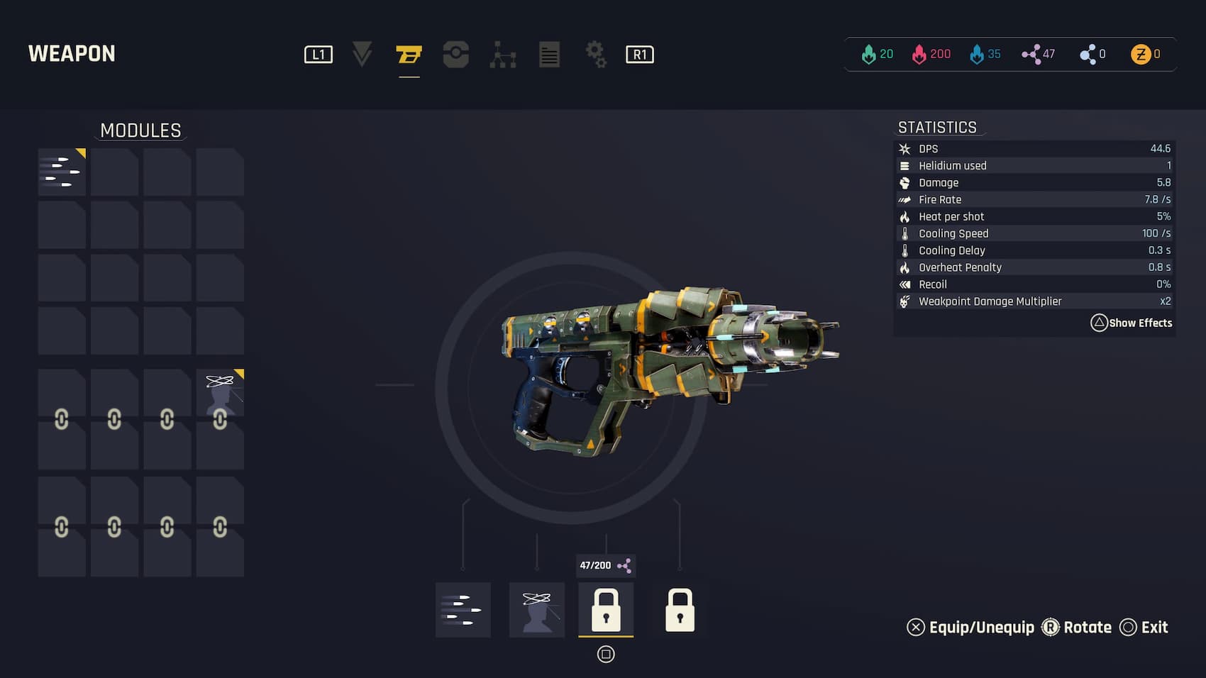 An in game screenshot of the Weapons tab from Outcast: A New Beginning