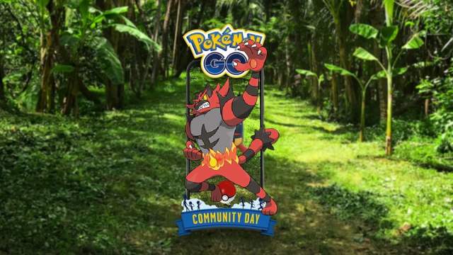 Incineroar in front of Community Day banner