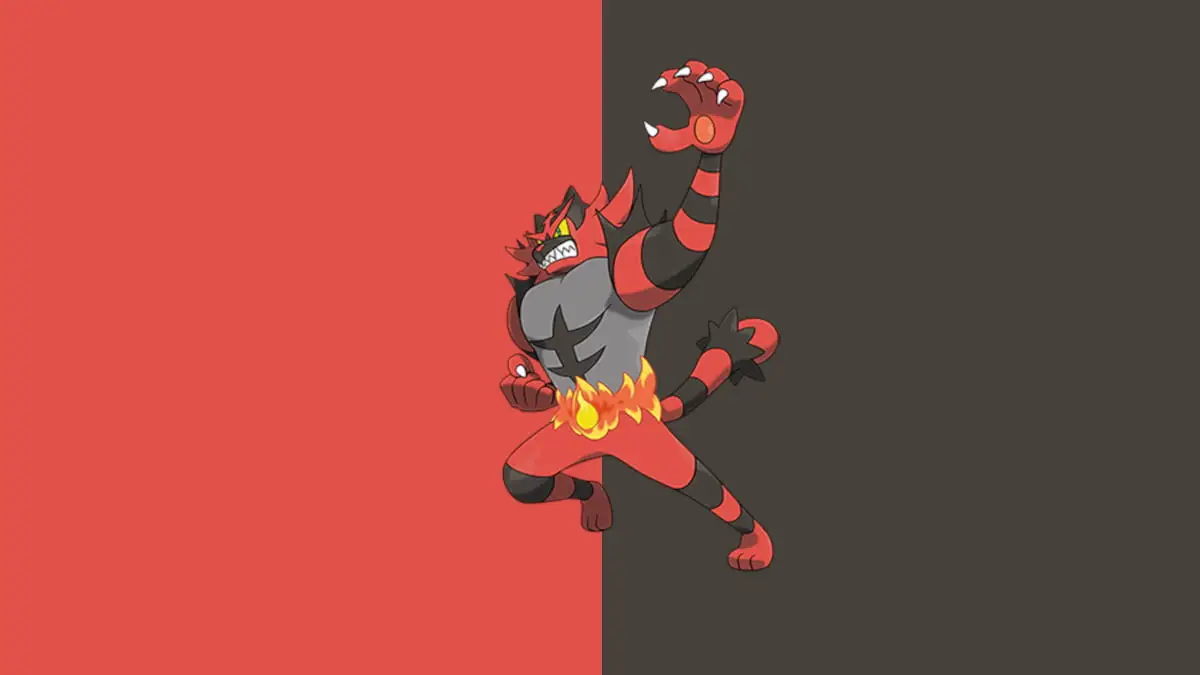Incineroar standing in front of a red and black background in Pokemon Go.