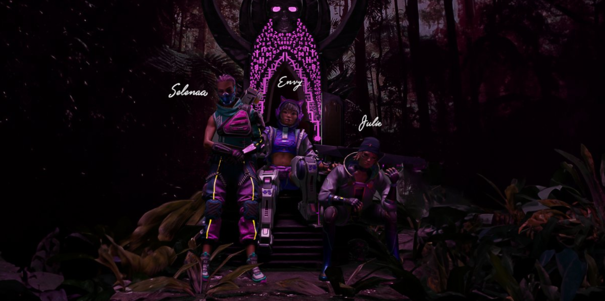 Graphic with three 3d-rendered characters representing the members of Apex Legends team Insomnia