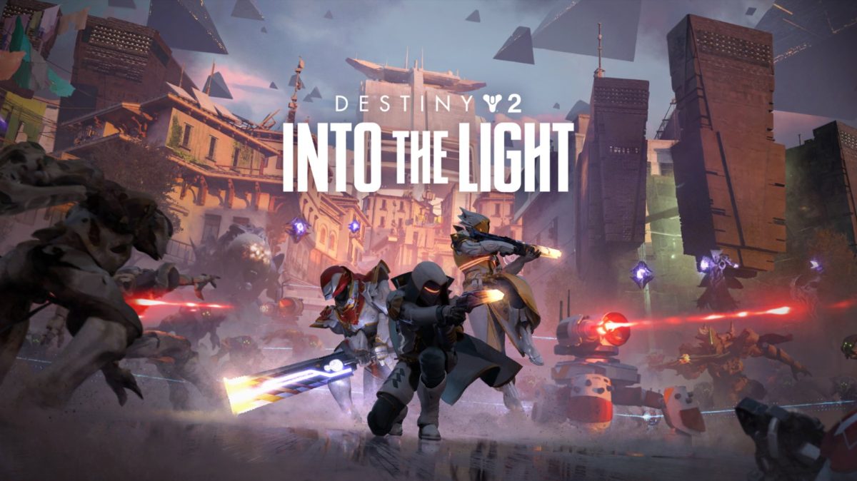 Promotional art for the Into the Light update showing the Last City under siege, with three guardians defending it.