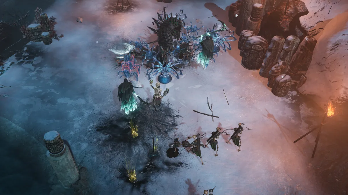 Last Epoch screenshot of a battlefield with characters casting spells