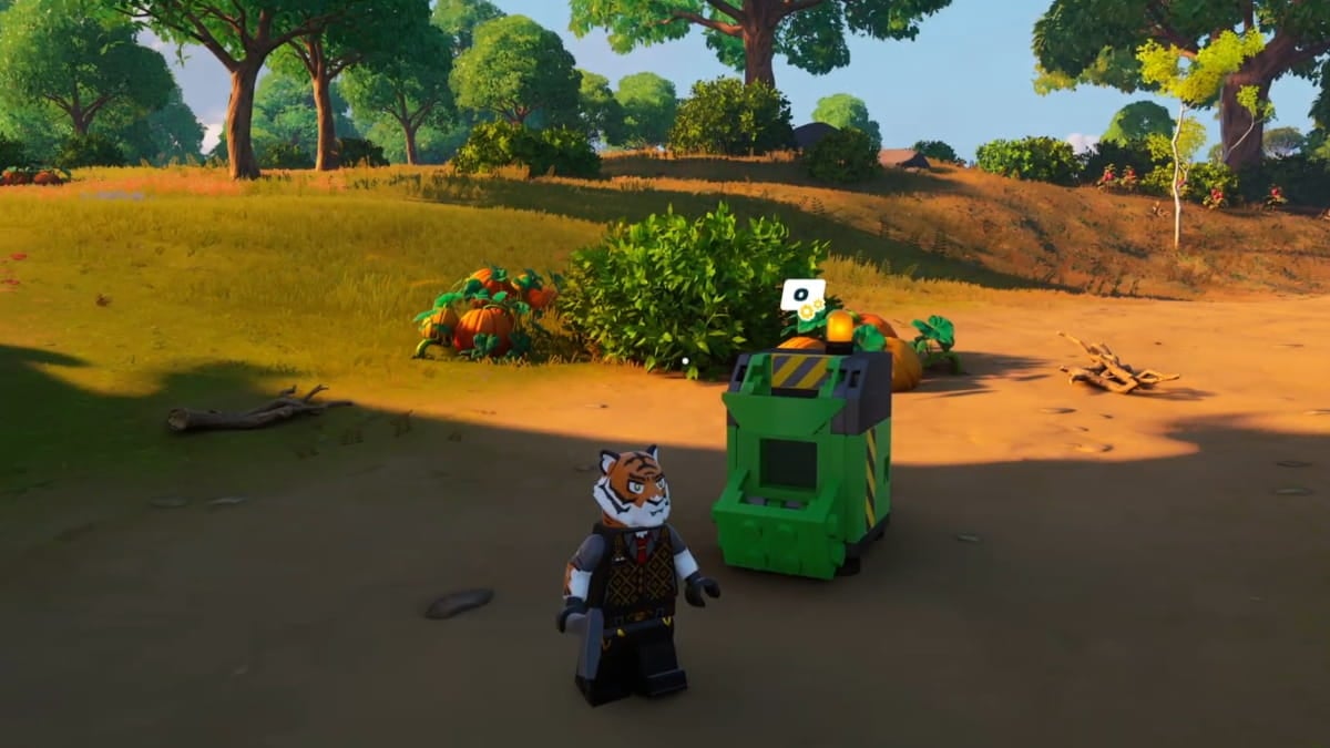 A LEGO Fortnite character stood alongside a Compost Bin.