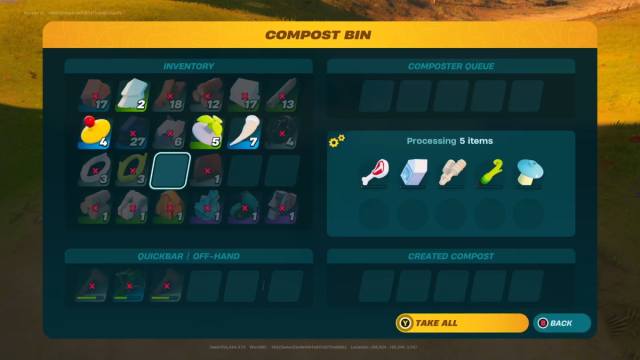 A screenshot showing the inventory of a Compost Bin in LEGO Fortnite.