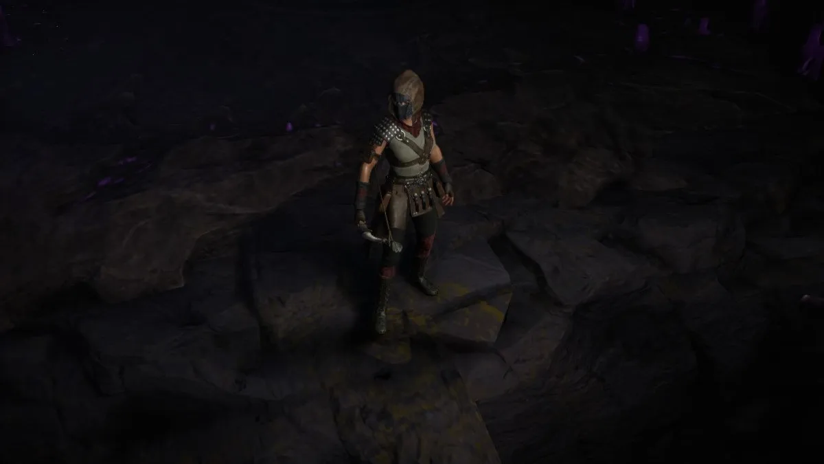A woman wearing leather armor and a bow stands on a cliff in Last Epoch.