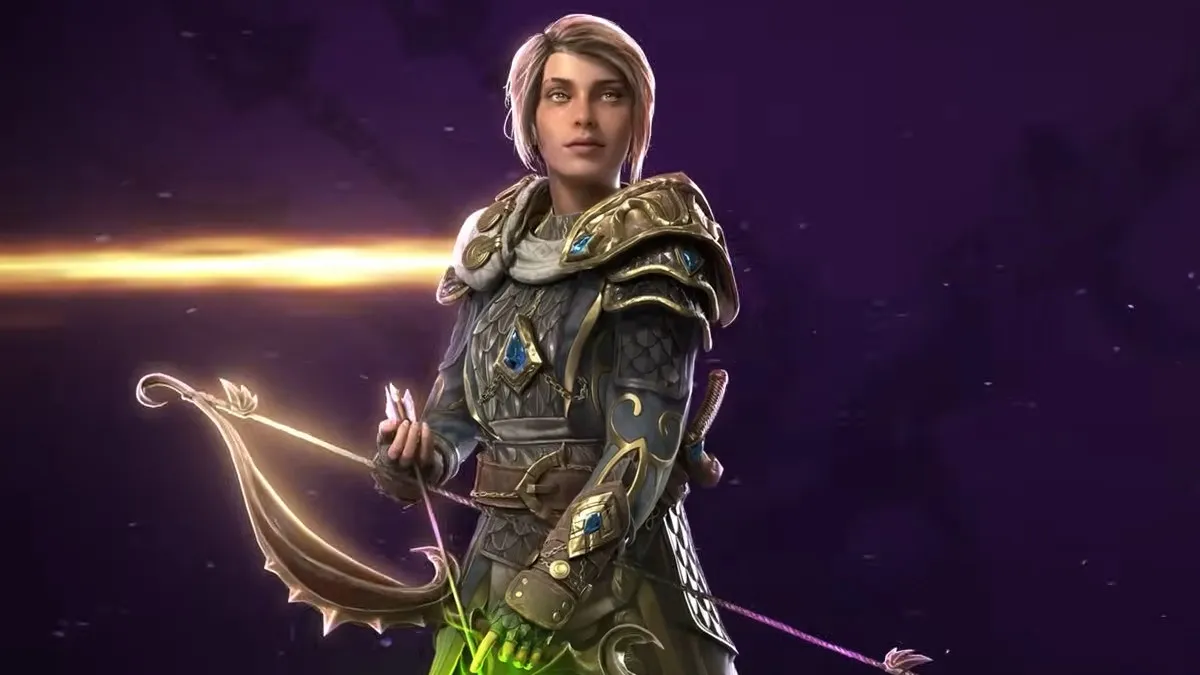 The image of the Rogue from Last Epoch, a female archer, on a purple background with a golden line behind her.