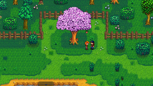 Helping Leah get a fruit from a tree in Stardew Valley