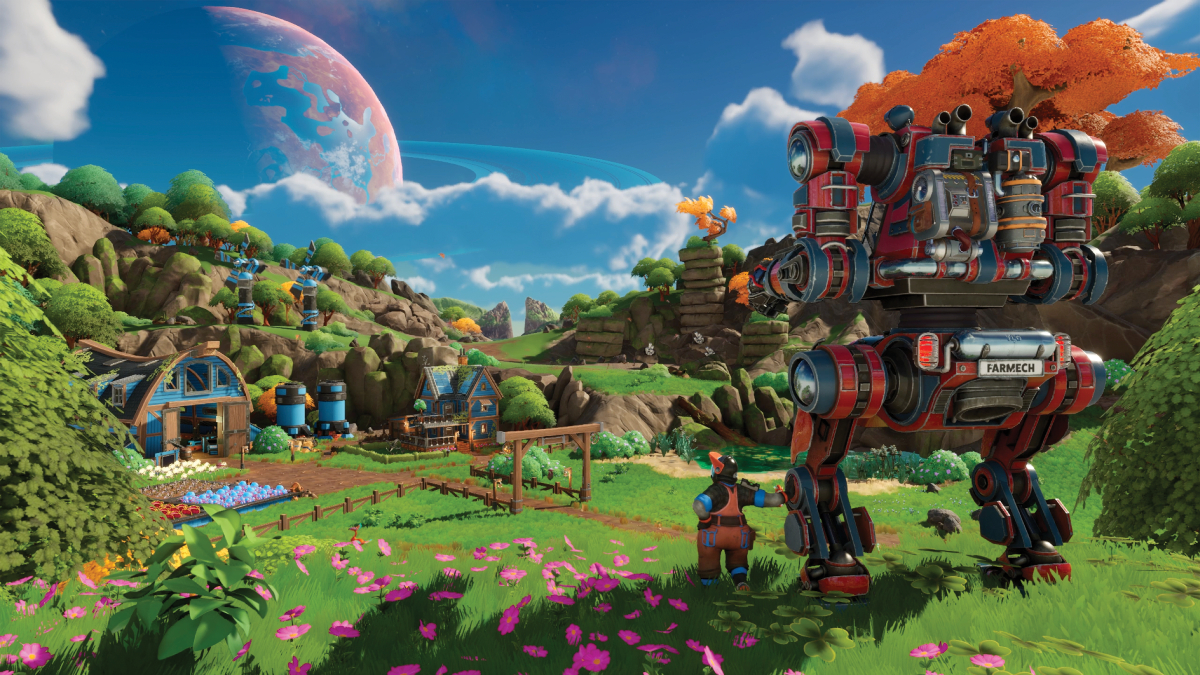 A farmyard view in Lightyear Frontier showing a Mech in the environment.