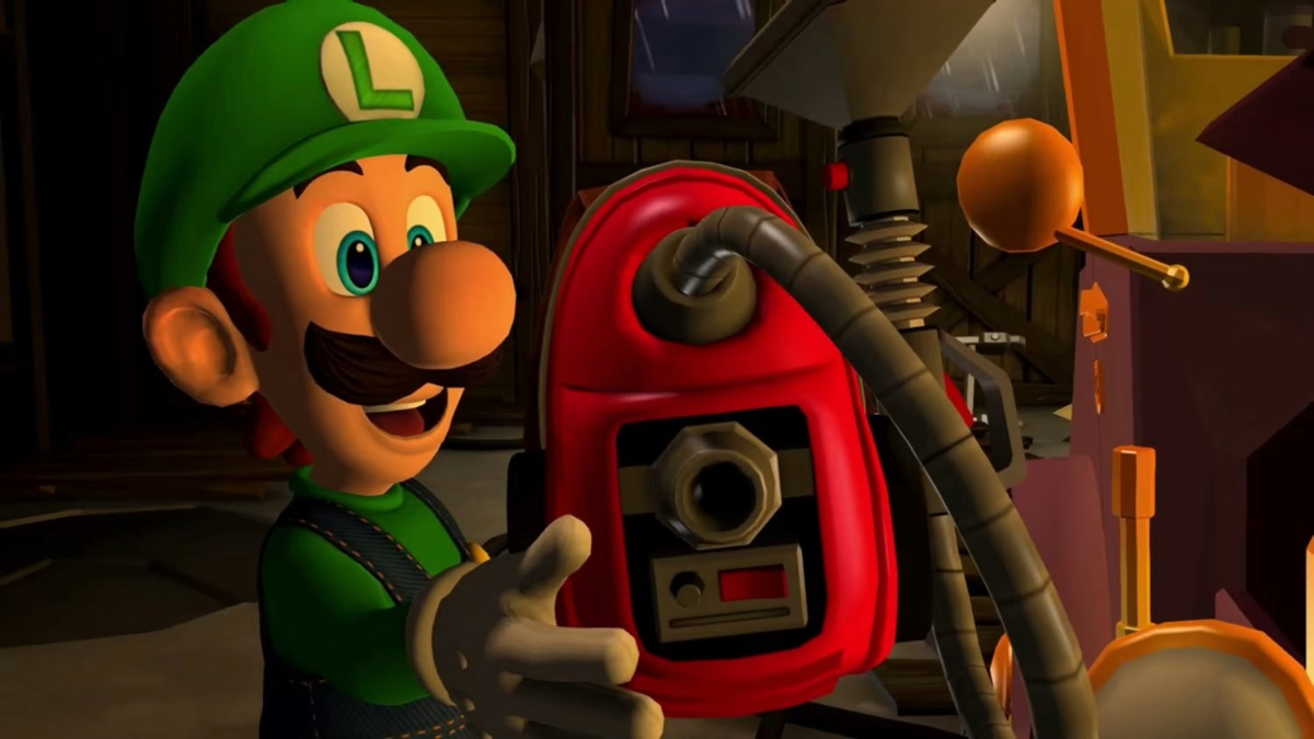 Luigi receiving the Poltergust 5000 in Luigi's Mansion 2.