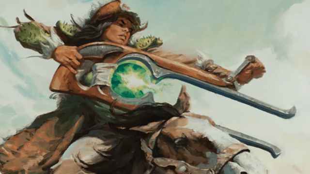 Cowgirl firing magical weapon from horse in MTG.