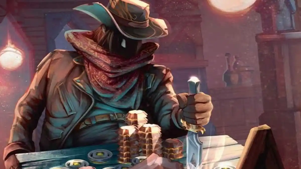 A mercenary at a table with coins and a knife through wanted poster in Thunder Junction