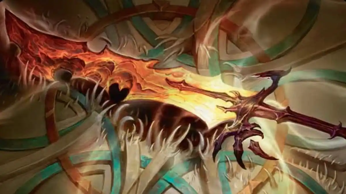 A new sword glowing red with spikes coming out of floor in MTG OTJ set