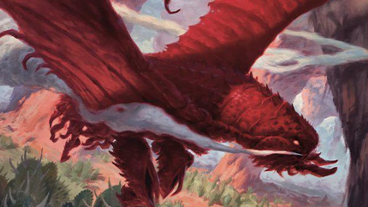 MTG Rare Dragon in Thunder Junction Tramples opponents with Plot mechanic