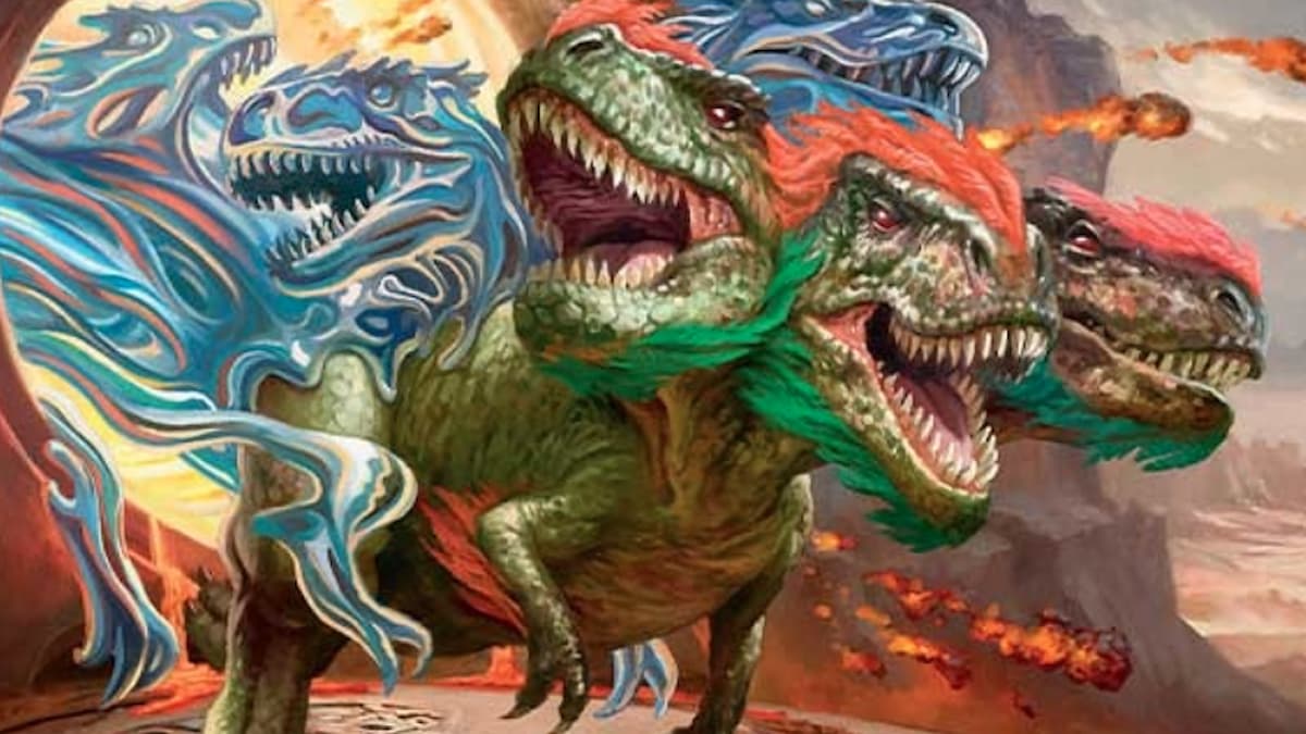 A multihead and spirit head dinosaur coming out of a portal in MTG OTJ