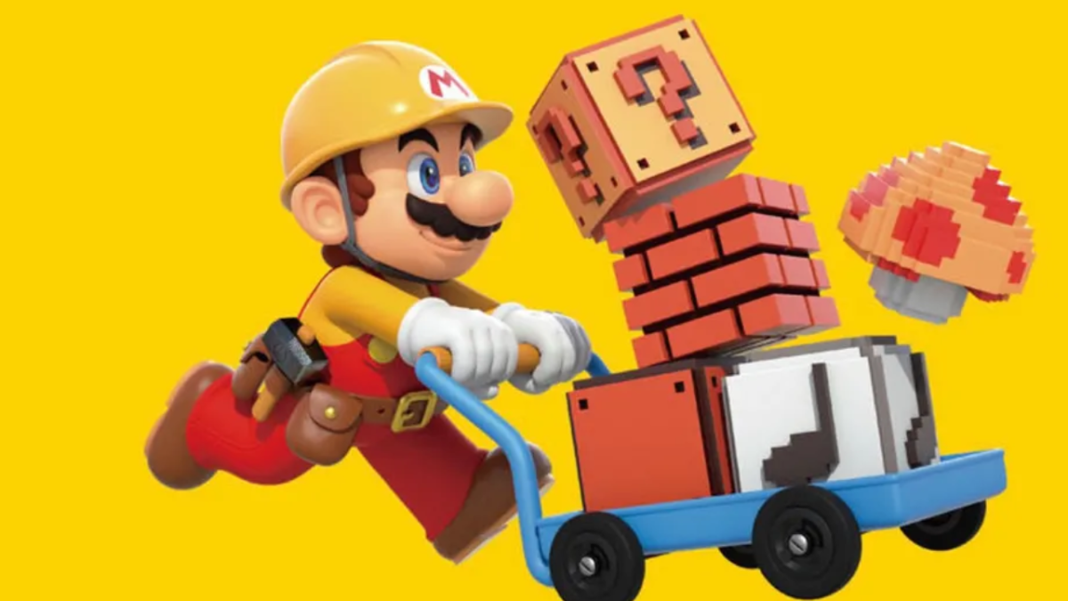 Mario from Mario Maker pushing a trolley of random blocks.