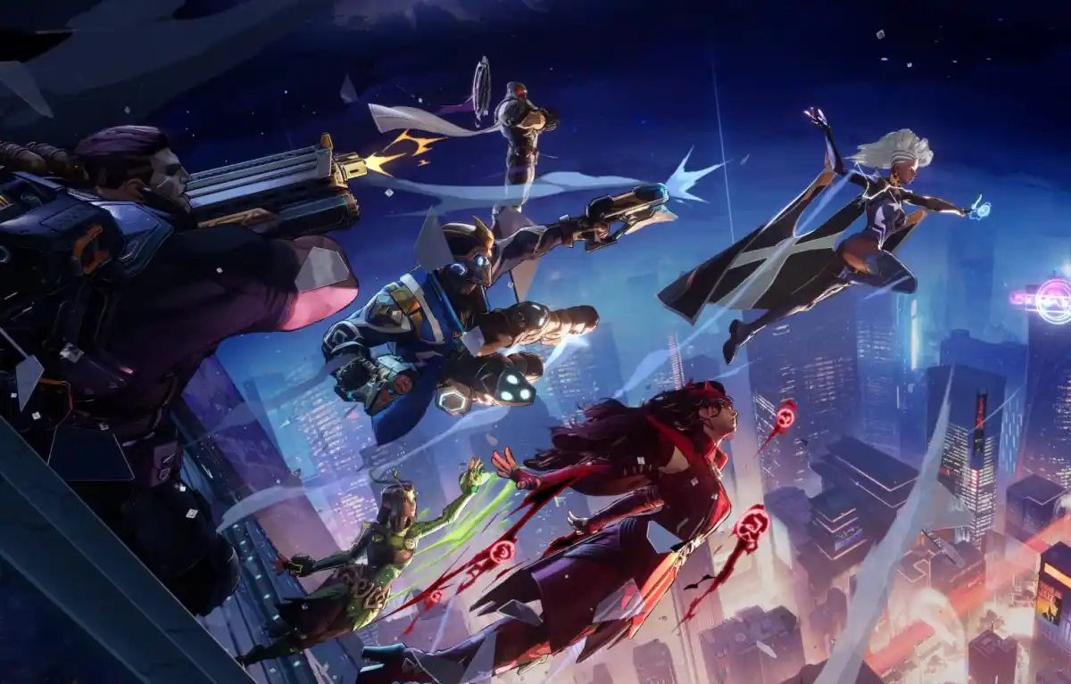 Image of several heroes from Marvel Rivals jumping into the sky.