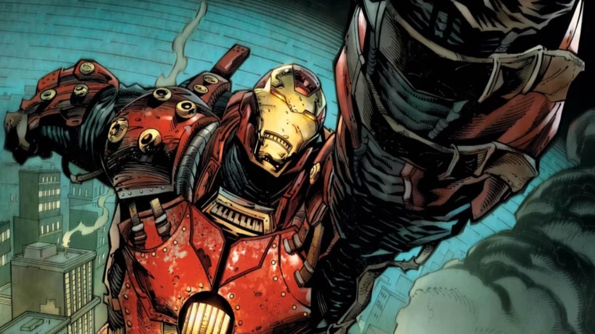 A steampunk version of Iron Man in a Marvel comic.