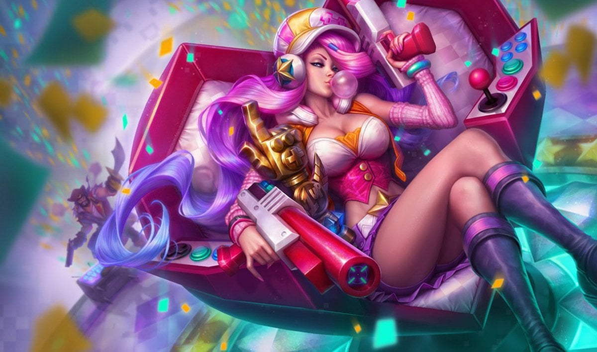 Miss Fortune sitting on her heart-shaped sofa.