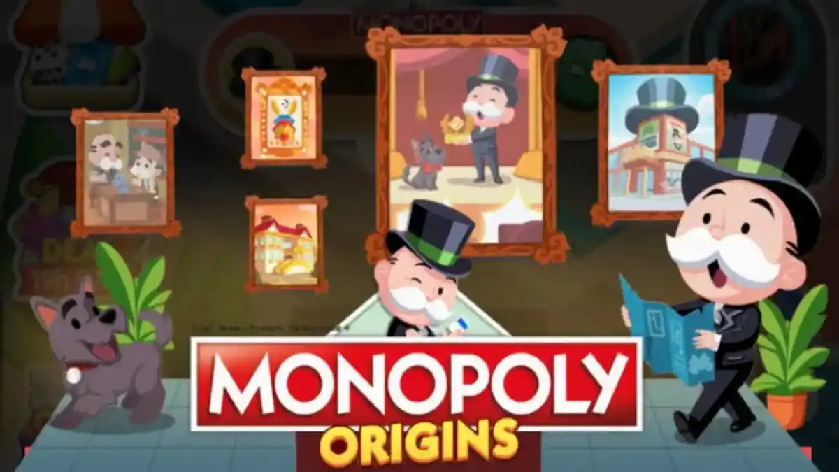 Mr. Monopoly and dog surrounded by family pictures