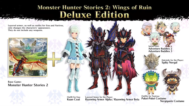 A promotional image showing the benefits from the Deluxe Edition of Monster Hunter Stories 2.
