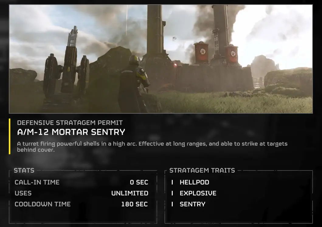 Mortar Sentry information screen in Helldivers 2