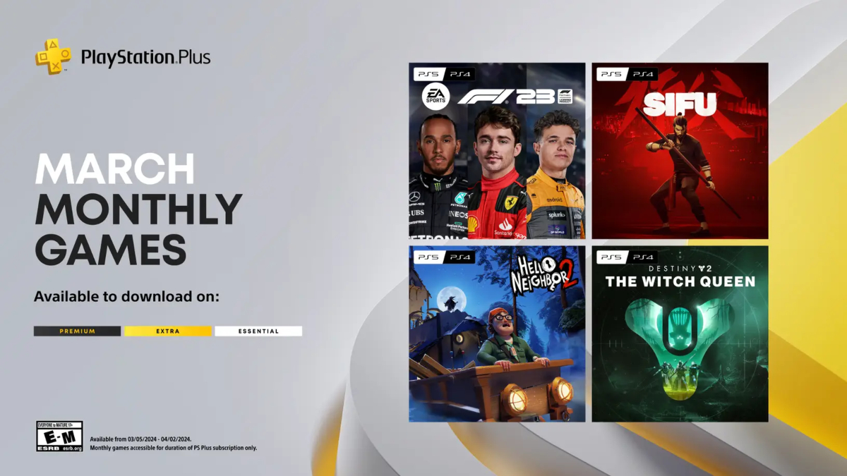 A promotional image showing the free PS Plus games for March 2024.