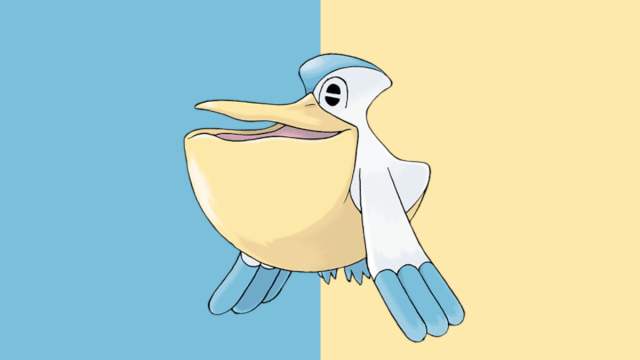 Pelipper in Pokémon Go, a pelican with a big yellow beak, on a blue and yellow background.