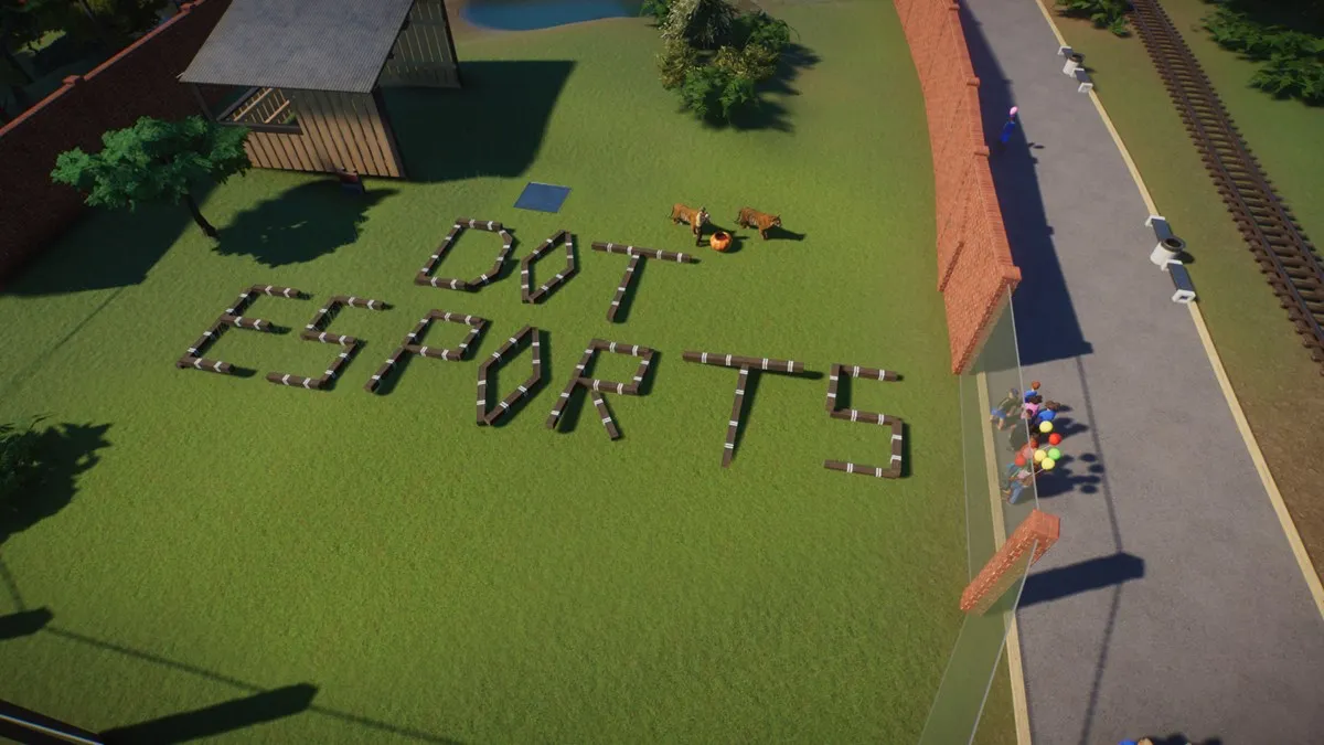 Dot Esports sign made using rotated objects from Planet Zoo