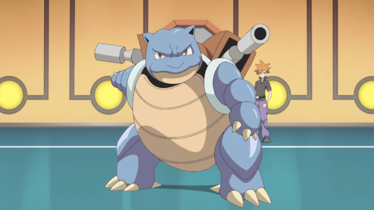 Blastoise in a battle stance in the Pokémon anime.