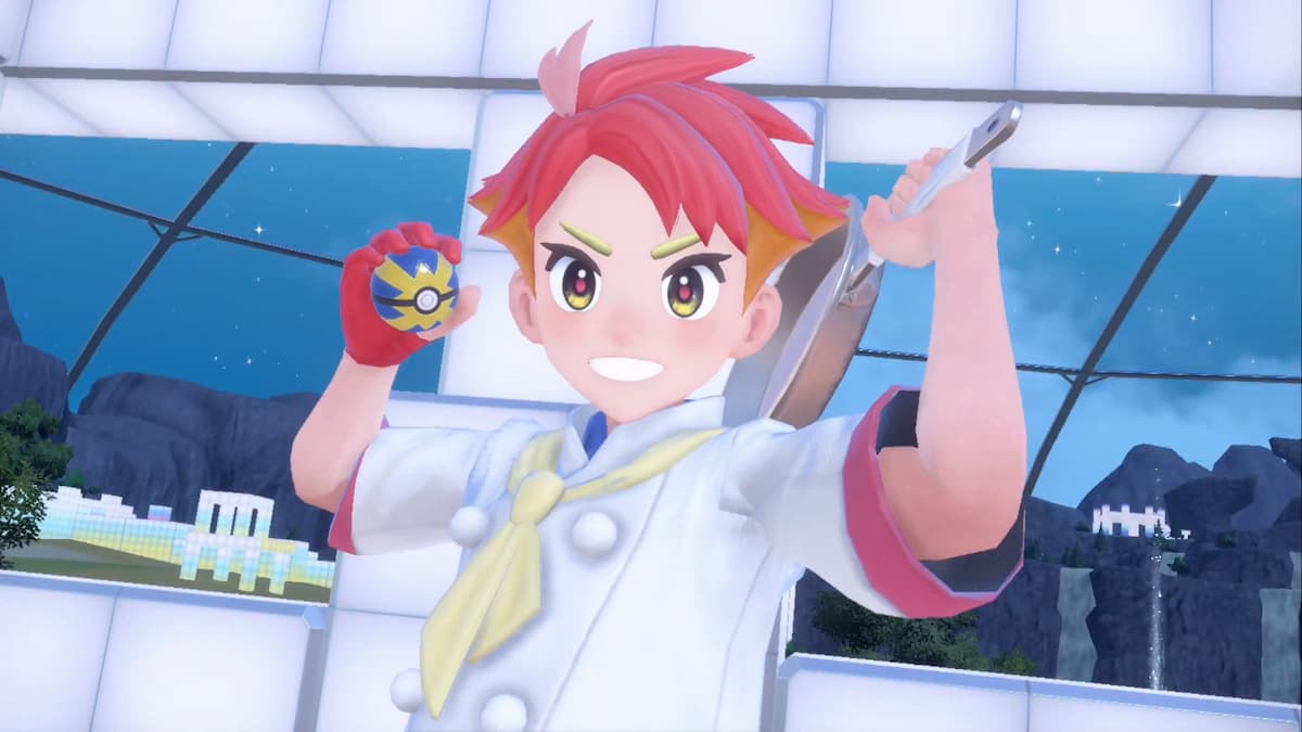 Crispin holding a Quick Ball and a frying pan in Pokémon Scarlet and Violet.