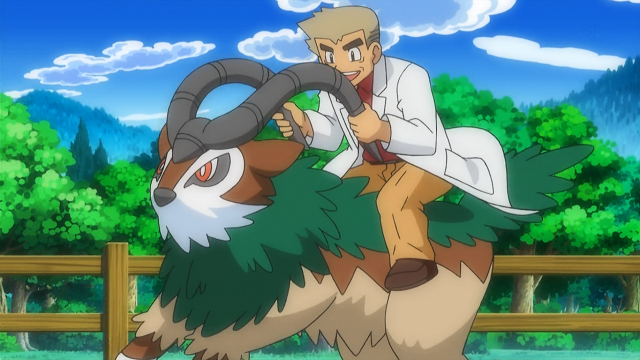 Professor Oak riding a Gogoat in the Pokémon anime.