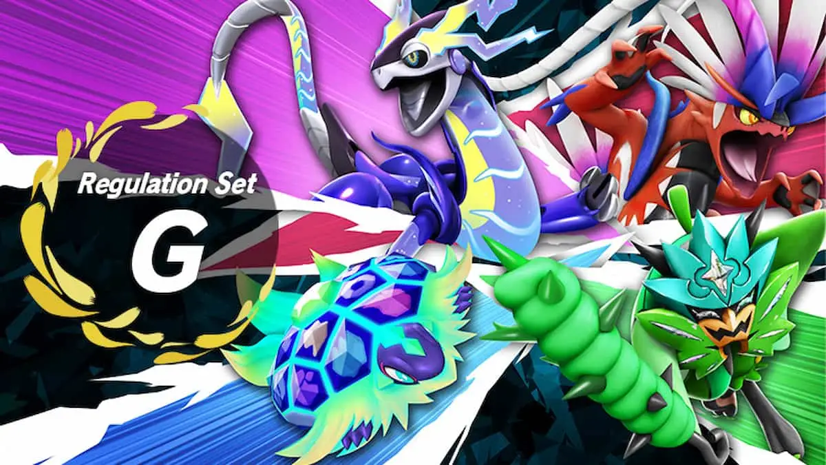 Pokémon Scarlet and Violet poster for Regulation G featuring Miraidon, Koraidon, Terapagos, and Ogerpon.