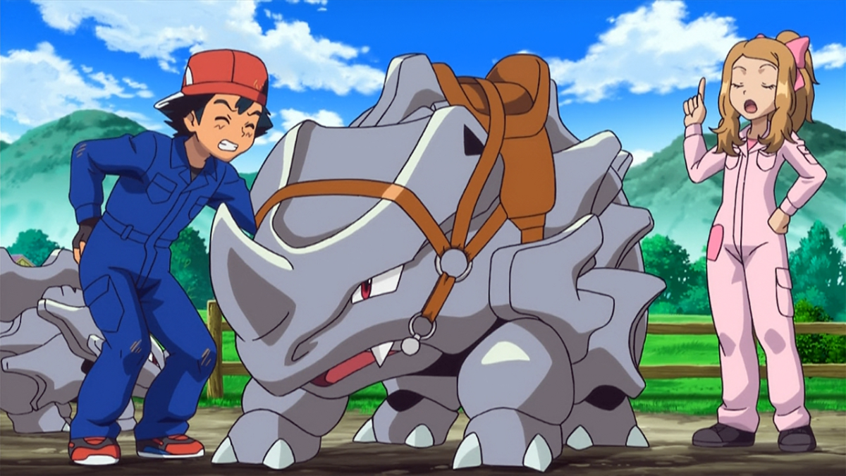 Ash and Serena with a Rhyhorn in the Pokémon anime.