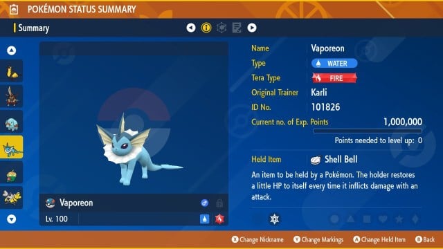 Vaporeon info page in Pokémon Scarlet and Violet