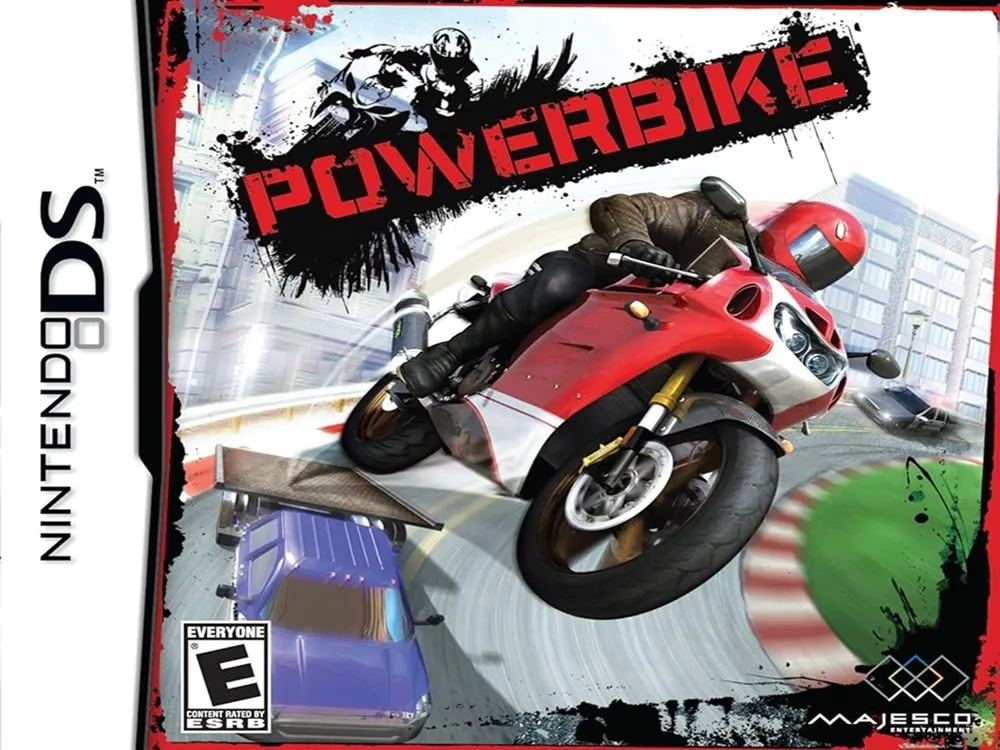 The Powerbike game's splash screen with a biker riding through the streets