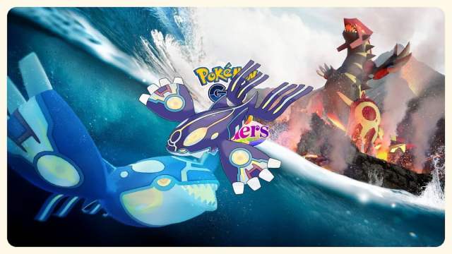 Primal Kyogre sitting in the middle of a Pokémon Go banner