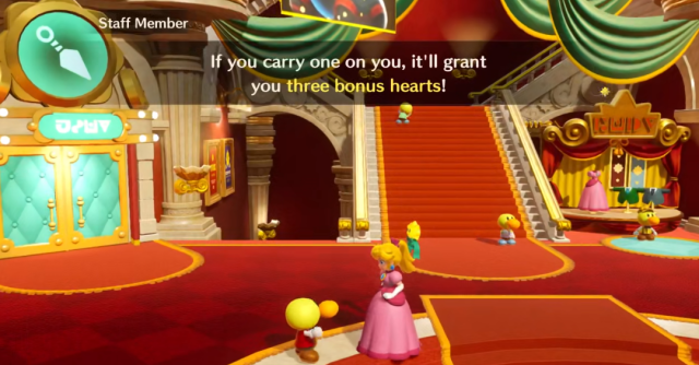 Princess Peach talking to a Staff Member at the theater in Princess Peach: Showtime