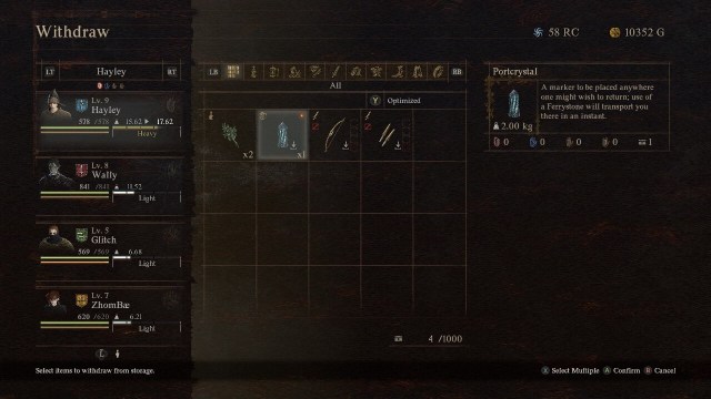 A screenshot of the Withdraw screen with items in storage in Dragon's Dogma 2.