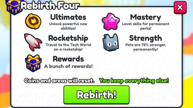 List of all bonuses and rewards for rebirthing at the rebirth four statue in Pet Sim 99