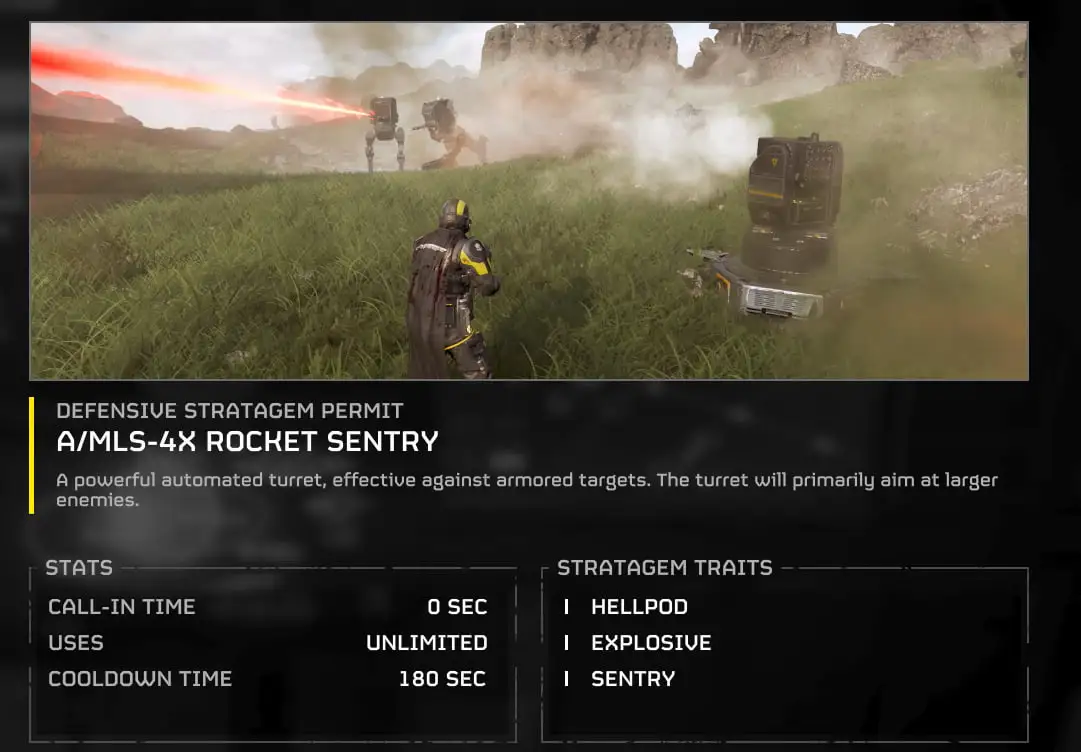 Rocket Sentry information in Helldivers 2