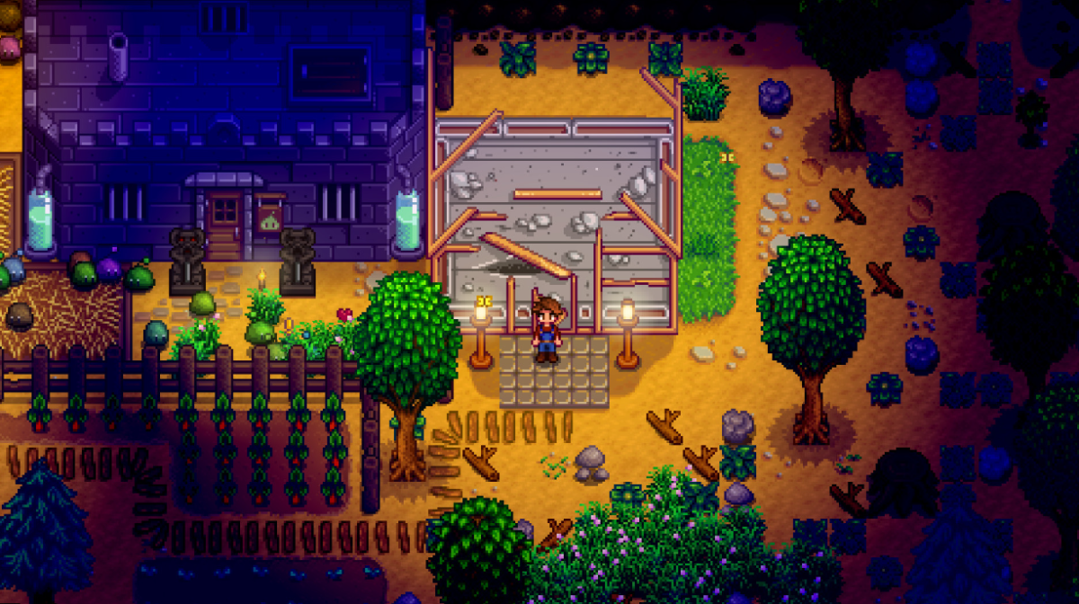 Image of a Stardew Valley character standing outside of a home.